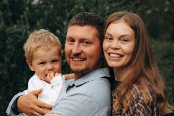 Evgenia and her toddler with husband Illya who has been fighting the war in Ukraine