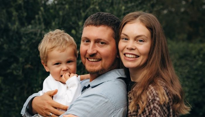 Evgenia and her toddler with husband Illya who has been fighting the war in Ukraine